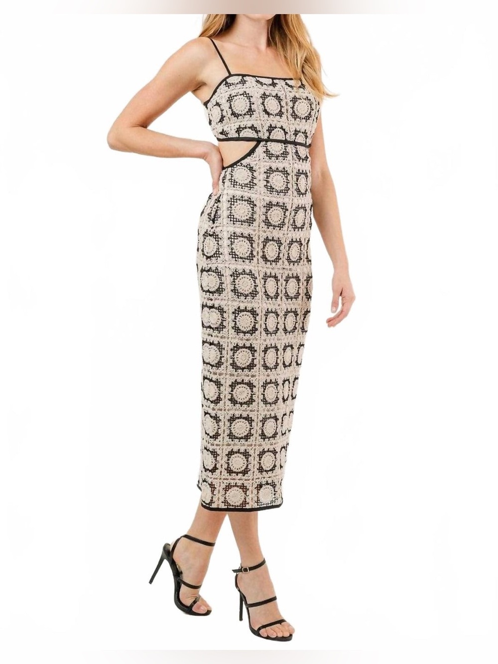 Black & Cream Crochet Midi Dress with Spaghetti Straps